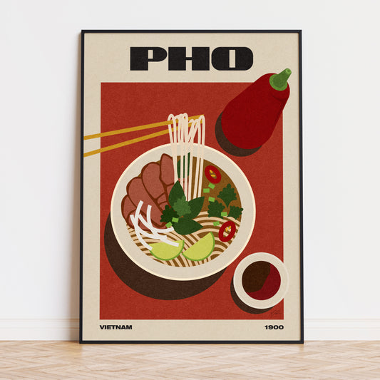 pho, vietnamese food, food poster, illustration, red, bauhaus, mid century modern poster, food print art