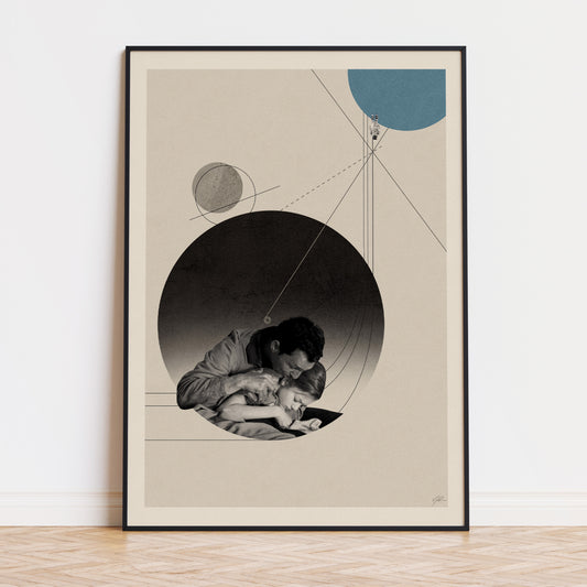 Mid century modern wall art featuring a scene from movie Interstella by Christopher Nolan dad hold daughter