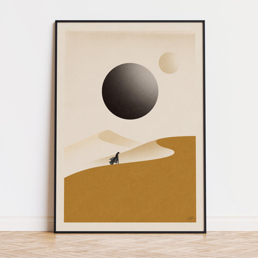 dune movie poster, movie wall art, abstract poster, sand dune, yellow, black, two moons, mid century modern poster, vintage movie poster